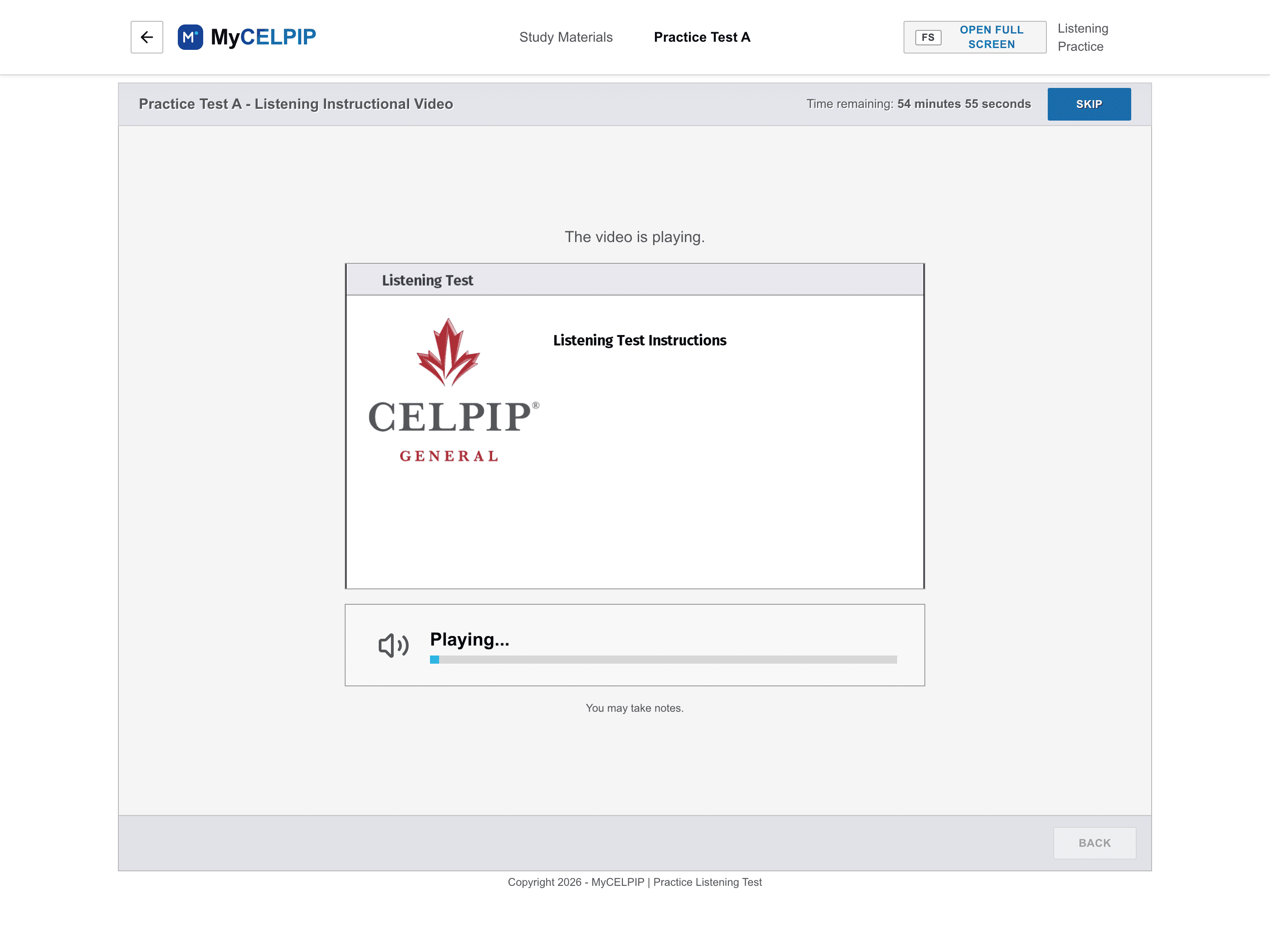 MyCELPIP Listening test official CELPIP-style intro video screen