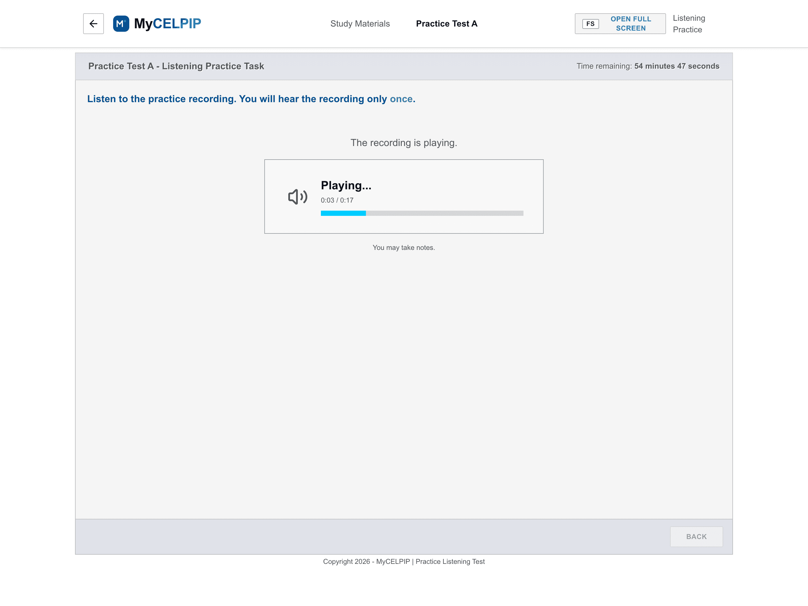 MyCELPIP Listening test with audio playing