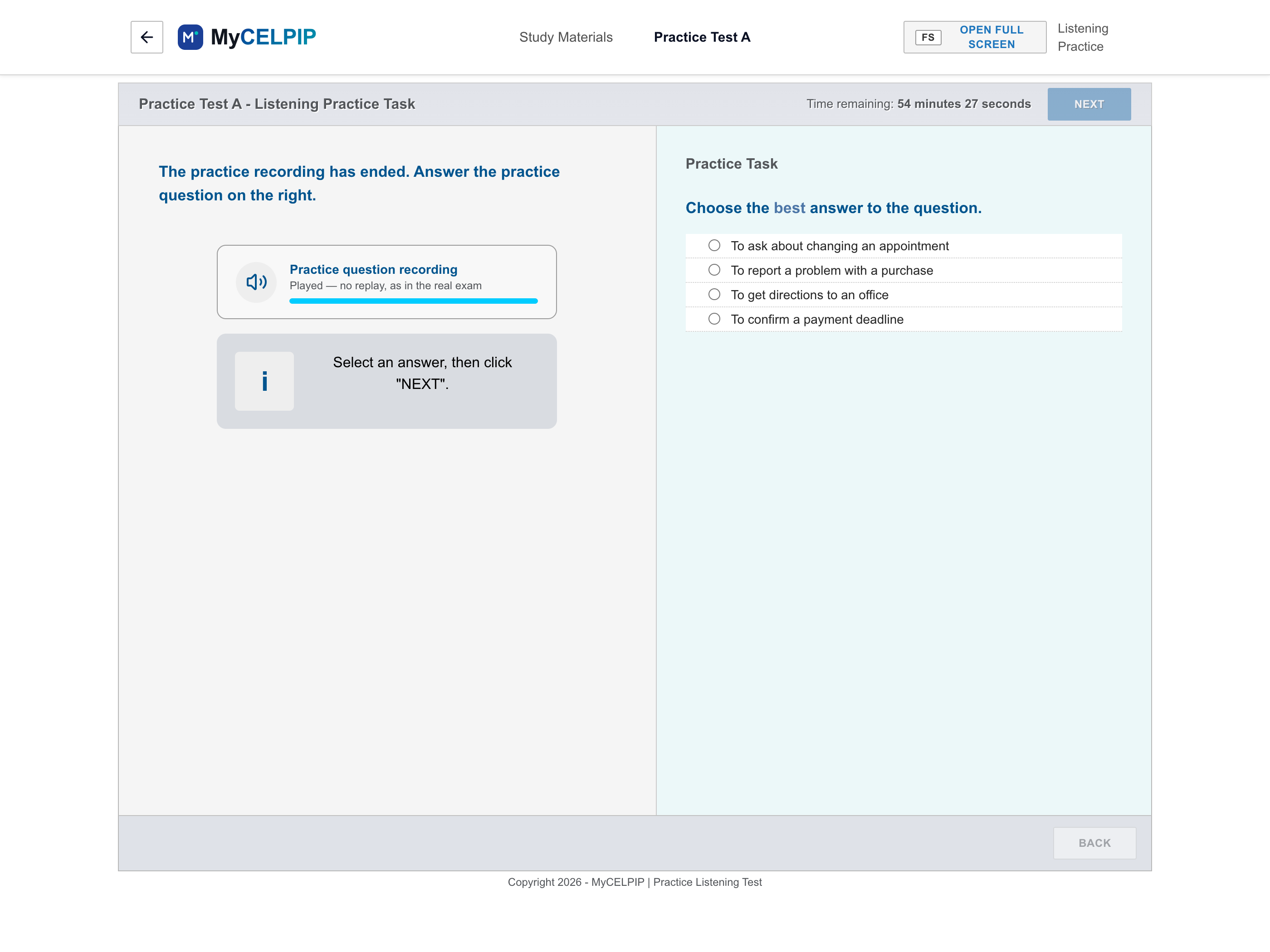 MyCELPIP Listening test multiple-choice question screen