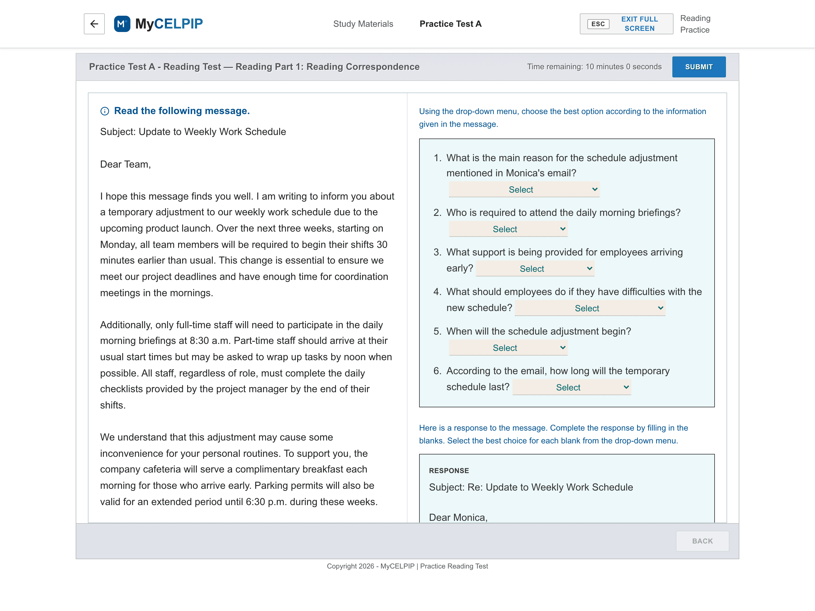 MyCELPIP Reading Correspondence task split-screen layout