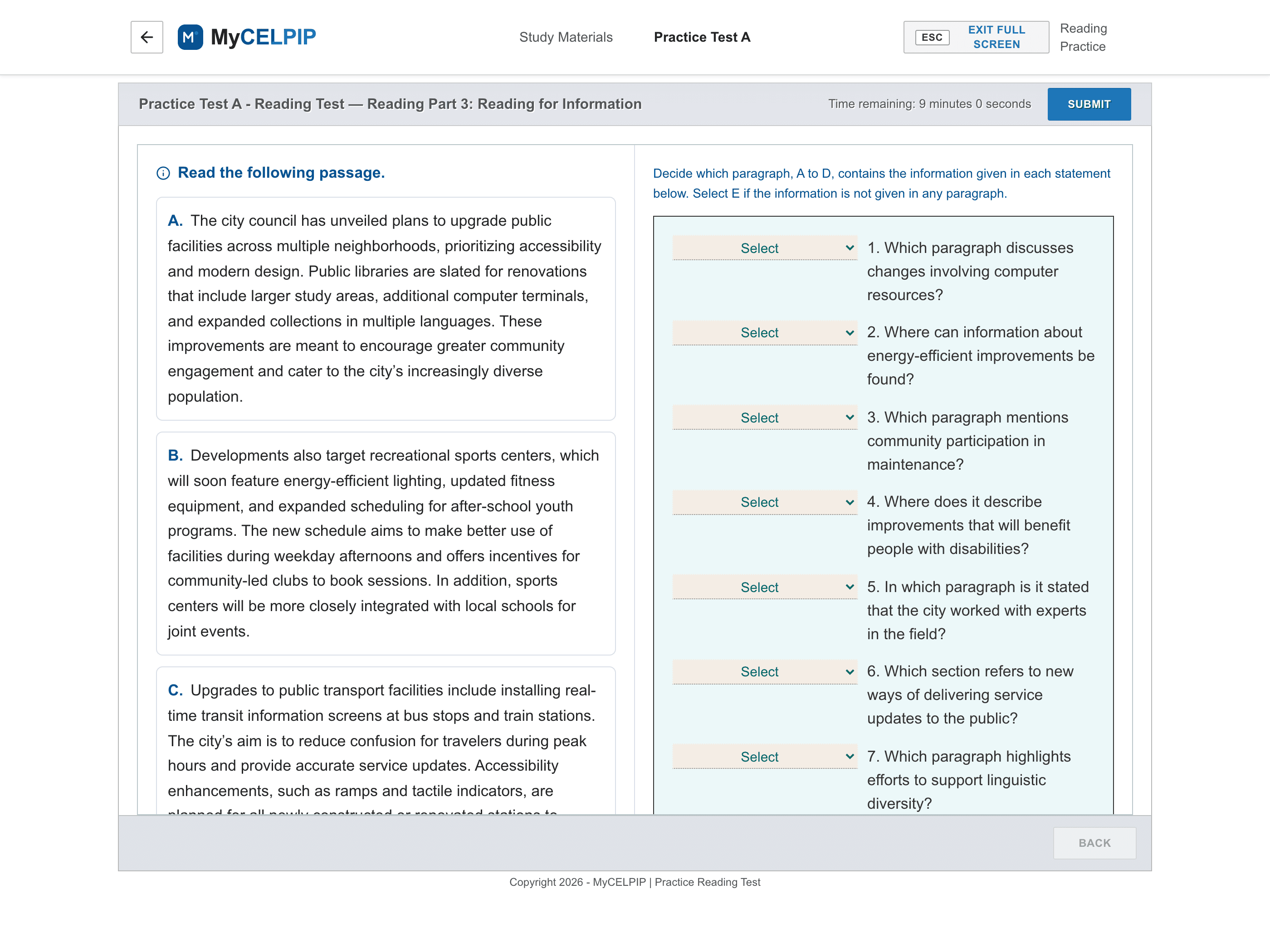 MyCELPIP Reading for Information task layout
