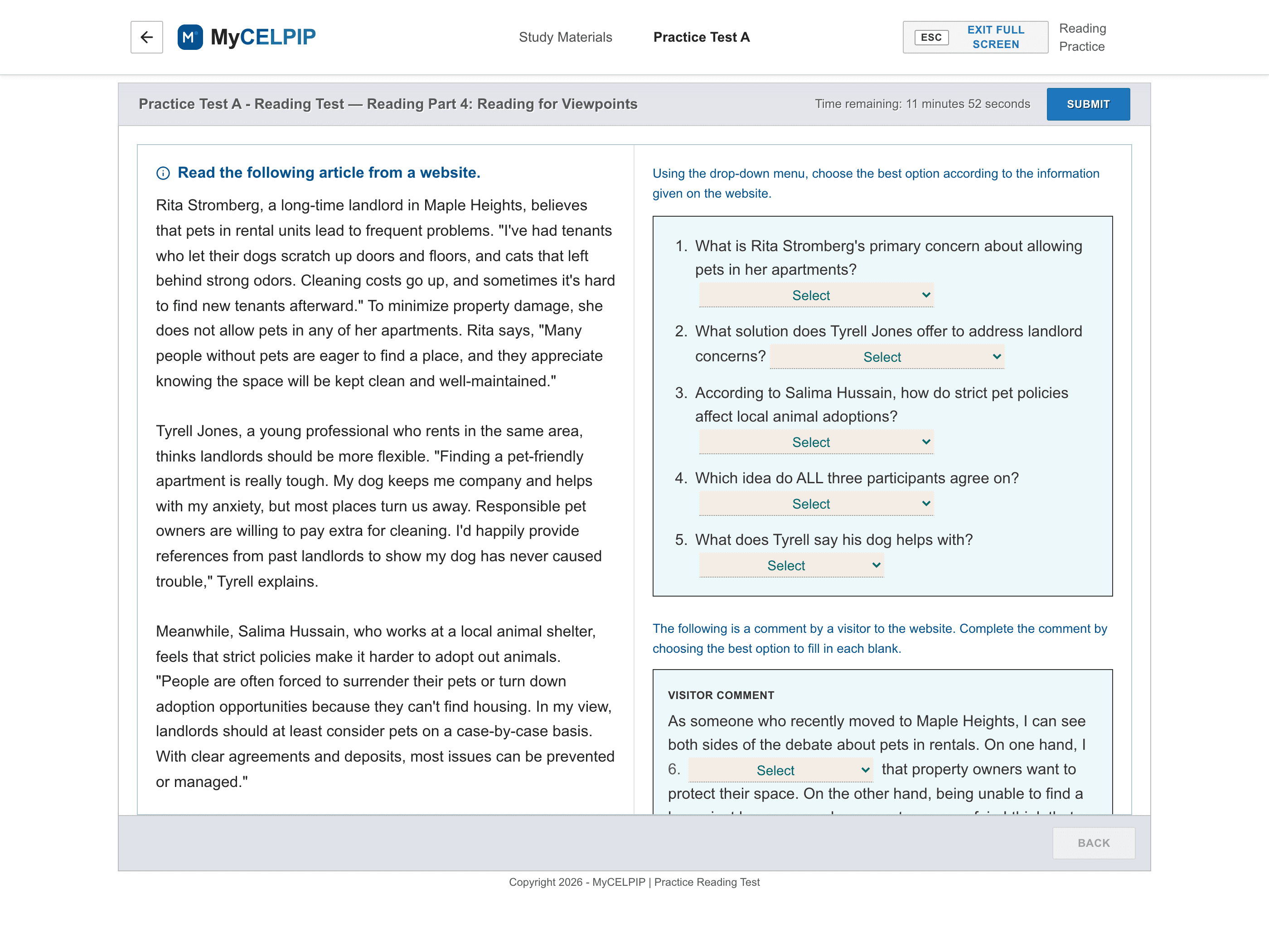 MyCELPIP Reading for Viewpoints task layout