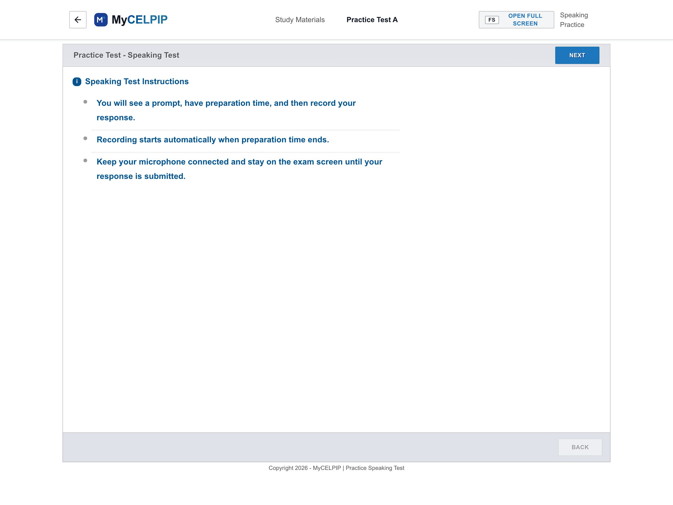 MyCELPIP Speaking test microphone check screen