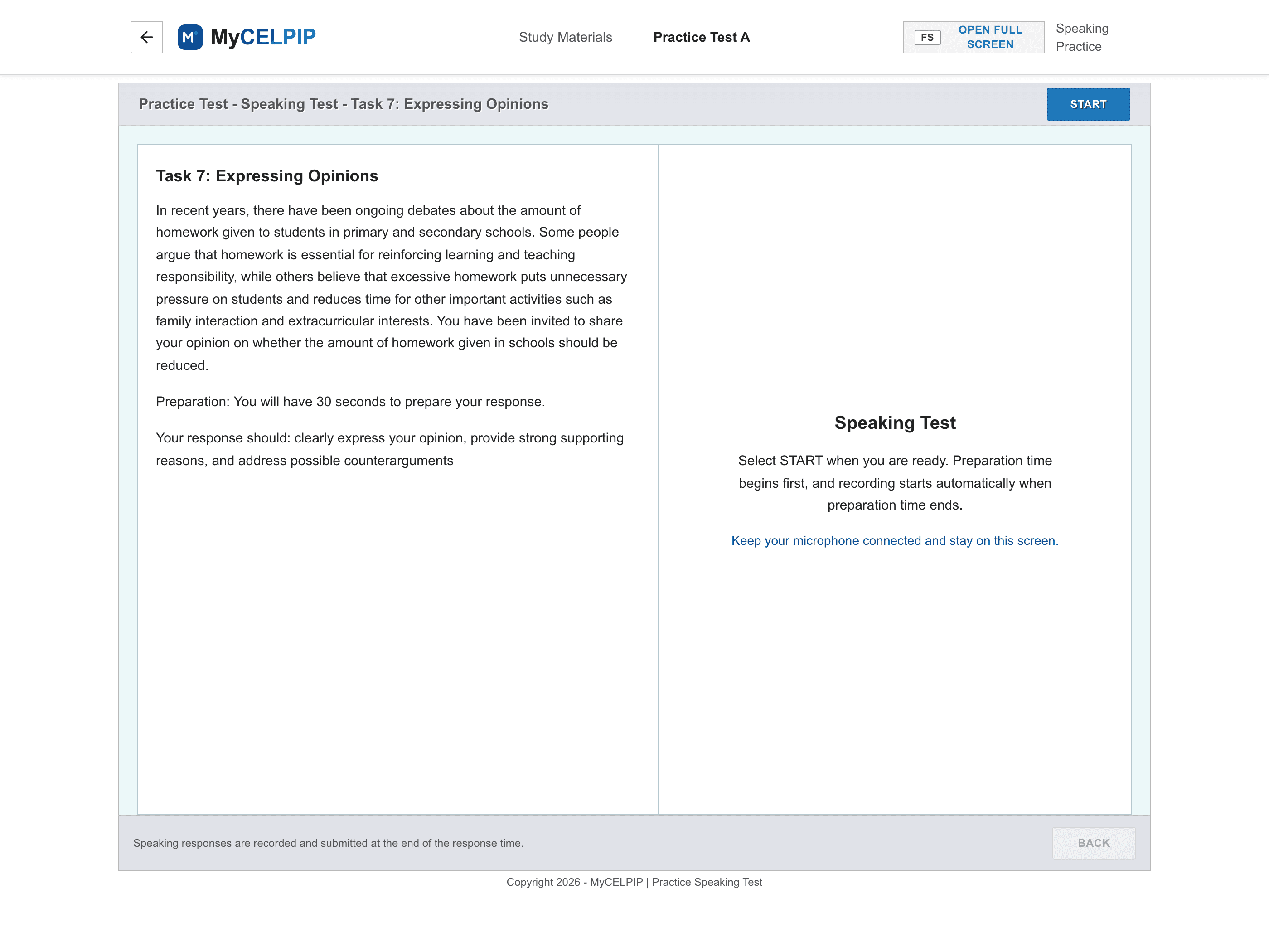 MyCELPIP Speaking Expressing Opinions task screen