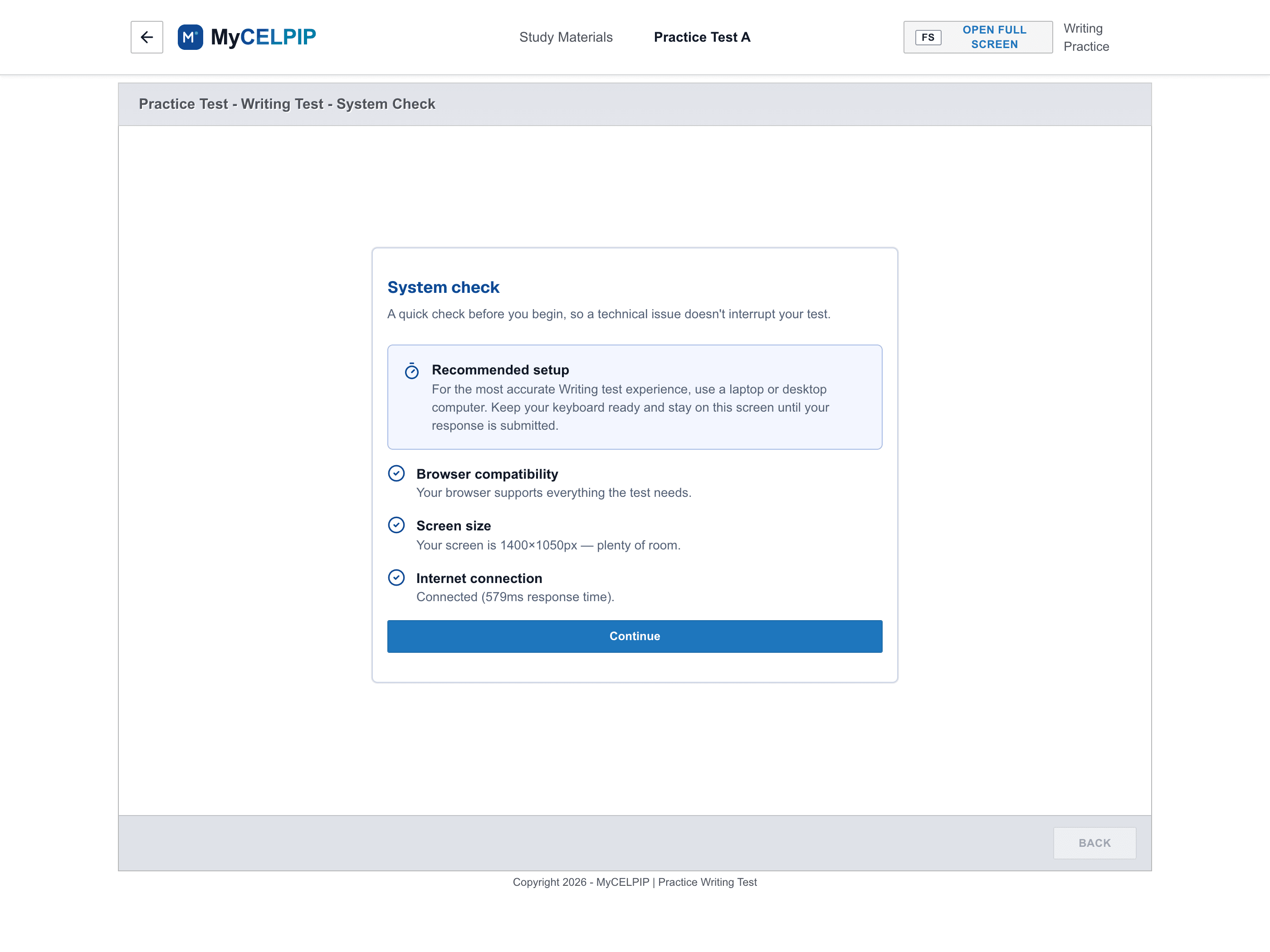MyCELPIP Writing test instructions screen