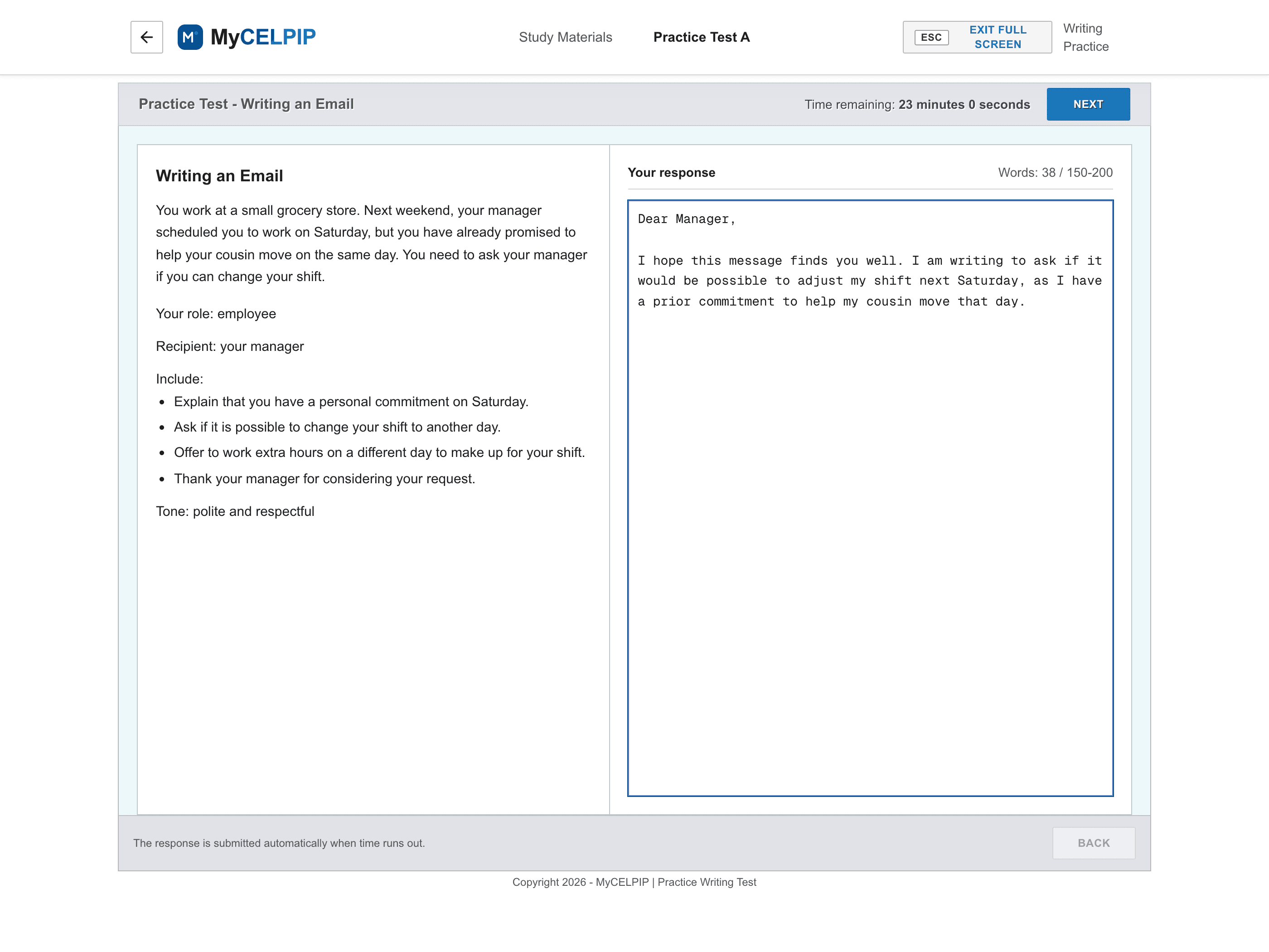 MyCELPIP Writing an Email task with a response in progress