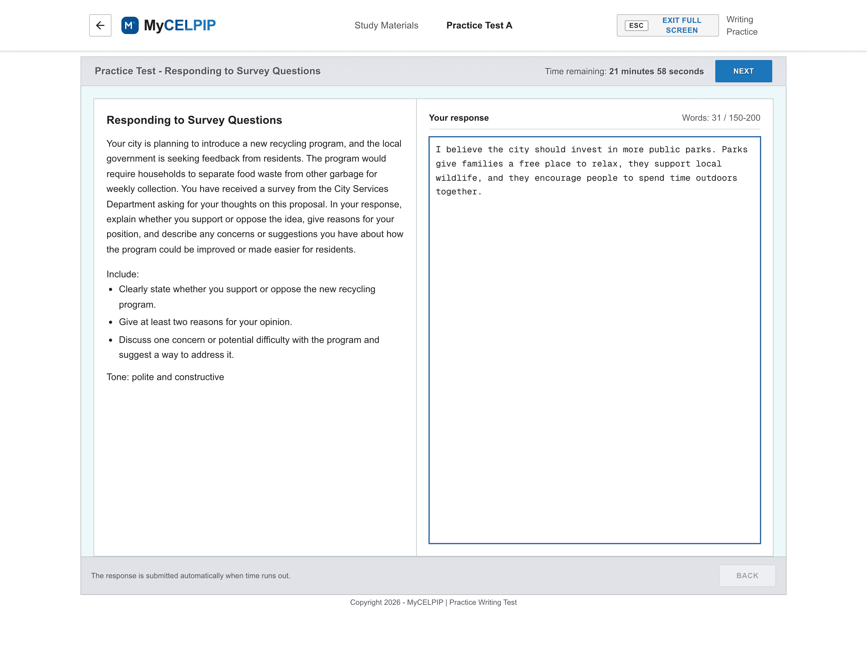 MyCELPIP Writing a Survey Response with a response in progress